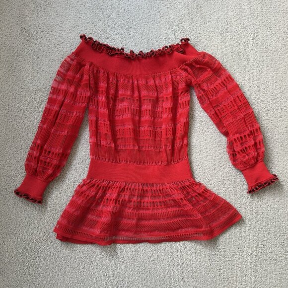 Alexander McQueen Vintage 90s Red Off The Shoulder Sheer Lace Romantic Small - Picture 1 of 14